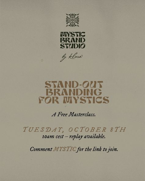 We need a world where mystics are acknowledged for the work they do. Being a mystic is not a hobby, or a side gig. It's a crucial part of building a future worth living for and your work as a mystic, no matter what it is, deserves to respected accordingly. Do you agree? 💫 Ready to level up your brand expression to match the level of legitimacy your business deserves? I have two more spots available for the INCREATUM branding journey this year – DM me if one of them is for you! Mystic Branding, Right Here Right Now, Side Gigs, Brand Studio, The Mystic, Your Soul, Master Class, Level Up, The Dreamers