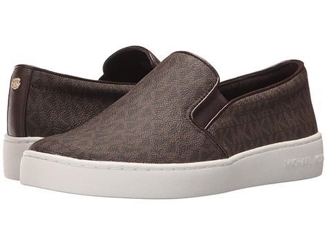 MICHAEL Michael Kors Keaton Slip-On (Brown Mini MK Logo Coated Canvas/Suprema Nappa Sport) Women's Slip on  Shoes. Lift up your casual look in the Keaton Slip On from MICHAEL Michael Kors. Logo PVC upper. Easy slip-on wear. Closed-toe sneaker. Elastic gore panels on side. Synthetic lining. Lightly padded footbed. Rubber outsole. Imported. Measurements: Weight: 13 oz Product measurements were taken using size 9  width M. Please #MICHAELMichaelKors #Shoes #ClosedFootwear #SliponCasual #Brown Black Slip On Sneakers Outfit, Mk Shoes, Michael Kors Sneakers, Slipon Sneakers, Women's Slip On Shoes, Mk Logo, Shoes Brown, Sneakers Outfit, Michael Kors Shoes