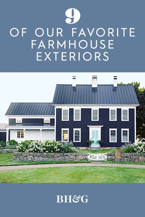 An exterior color palette of navy blue, sky blue, and white gives a hint of coastal cottage appeal but doesn’t distract from the farmhouse charm. #farmhouseideas #farmhouseexteriors #modernfarmhouse #bhg Masculine Exterior House Colors, Navy Blue Colonial Exterior, Navy And White Exterior House Colors, Navy Blue Farmhouse Exterior, Blue And White House Exterior, Navy Blue Exterior House, Navy Blue House Exterior White Trim, Dark Blue Farmhouse, Navy Blue House Exterior