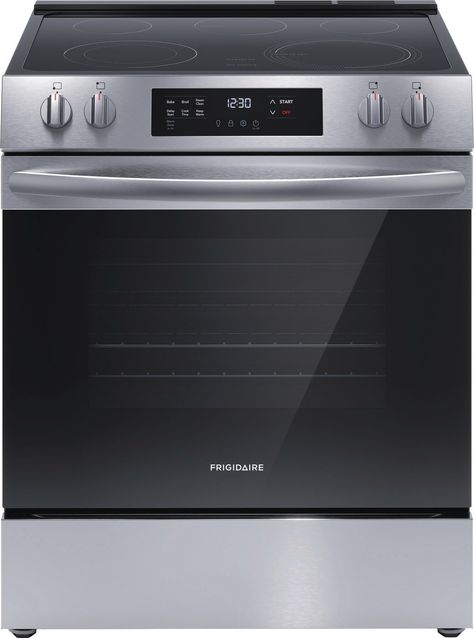 The Frigidaire 30 Front Control Electric Range with the EvenTemp cooktop element delivers consistent results every time, because it reduces hot and cold spots in your pan. Plus, enjoy easier cleanup with our Steam Clean cycle that provides a quick 30-minute oven cleaning that's chemical-free, odor-free and fast. Frigidaire 30-in Glass Top 5 Burners 5.3-cu ft Steam Cleaning Slide-in Electric Range (Stainless Steel) | FCFE3062AS Down Draft Range Stove, Kitchen Appliance Packages, Side By Side Refrigerator, Range Microwave, Built In Dishwasher, Appliance Packages, Outdoor Refrigerator, Integrated Dishwasher, 5 Elements