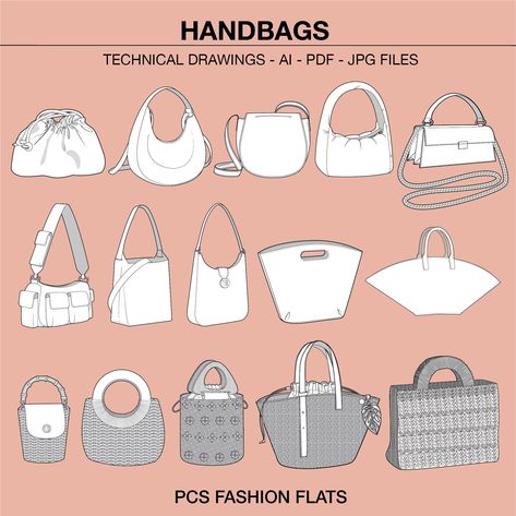 Ready to use fully editable technical drawing of handbags Automatic digital download file Great for tech packs, CAD drawing, spec sheets and expanding your library. Perfect for fashion students, designers, manufacturers and startups to use. What you will receive in the package: * AI File, these include a separate front drawings - you will be able to personalized the drawing such as shape, colour, details and add your logo * PDF version of the front technical drawing  *JPG version If you have any Shoulder Bag Drawing, Handbag Shapes, Bag Design Drawing, Handbag Design, Handbag Drawing, Bags Fashion, Bag Shapes, Bags Drawing Design Sketch, Technical Drawing Fashion