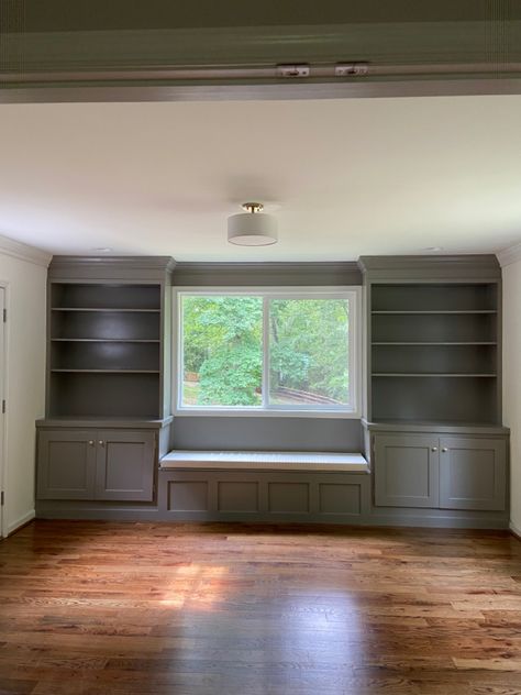 Built In Shelves And Bench, Built In Bench Office, Built In Bookshelves Window Seat, Window Bench With Bookcase, Built In Bookcase Around Tv, Built In Reading Bench, Built In Bookshelves With Bench, Bookshelves With Bench, Built Ins Around Window