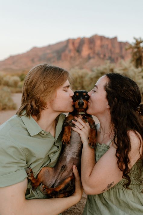 Weenie, mom & dad, Arizona, dachshund, couple photos, love Couples Session Ideas, Dog And Parents Photoshoot, Couple Pose With Dog, Couple Photoshoot Ideas With Dog, Couples Pictures With Dogs, Couple Picture With Dog, Dog Couple Photoshoot, Dachshund Photoshoot, Couple Photo With Dog