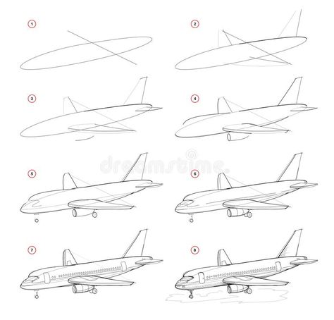 Creation step by step pencil drawing. Page shows how to learn draw sketch of modern passenger aircraft. School textbook for developing artistic skills. Hand royalty free illustration Airplane Sketch, Plane Drawing, Airplane Drawing, Sketching Tips, Perspective Drawing Lessons, How To Draw Steps, Drawing Sheet, Airplane Art, Architecture Concept Drawings