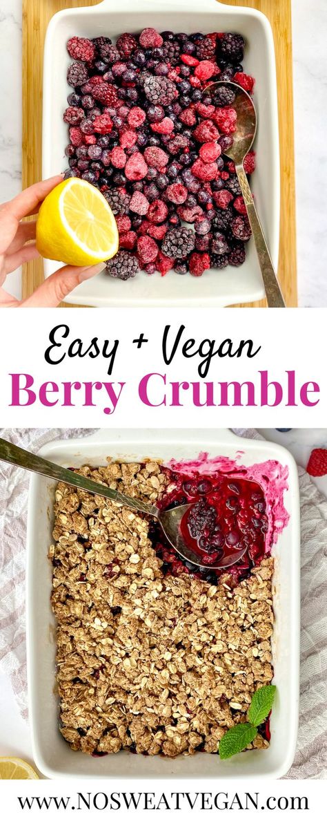 If you're a fan of easy desserts that taste delicious and require little prep work, then this Vegan Berry Crumble is for you! This dessert uses frozen berries and a simple, oil-free oatmeal crumble. Pop it in the oven to bake for 35 minutes, and that's it! Serve with a scoop of vegan ice cream, banana nice cream, or plant-based yogurt and you've got a crowd-pleasing vegan dessert that everyone will love! Fruit Crumble Recipe, Berry Crumble Recipe, Ice Cream Banana, Vegan Baked Oatmeal, Vegan Crumble, Sunday Dessert, Oatmeal Crumble, Banana Nice Cream, Fruit Crumble