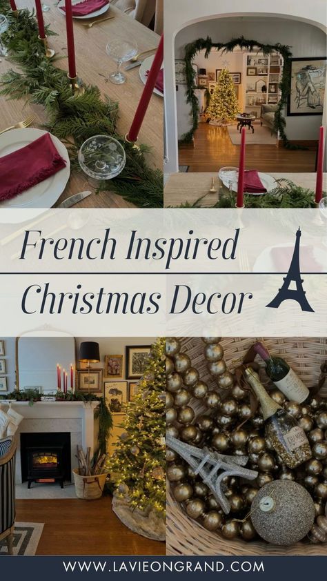 Wondering how to decorate for Christmas like the French do? La Vie on Grand shares this Frech inspired living room decor and holiday tablescape. From Parisian chic ornaments to elegant green and gold Christmas decorations, find everything you need to have a French inspired Christmas. French Inspired Christmas Decor, French Christmas Tablescapes, French Christmas Aesthetic, French Country Christmas Decor Ideas, Green And Gold Christmas Decorations, French Style Christmas, Parisian Christmas Decor, Christmas Tablescapes Elegant, French Christmas Tree