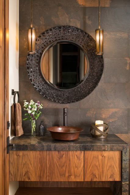 Rustic Powder Room, Wc Decoration, Glamorous Bathroom Decor, Washbasin Design, Washroom Design, Basin Design, Bathroom Design Decor, Slate Tile, Bathroom Inspiration Decor