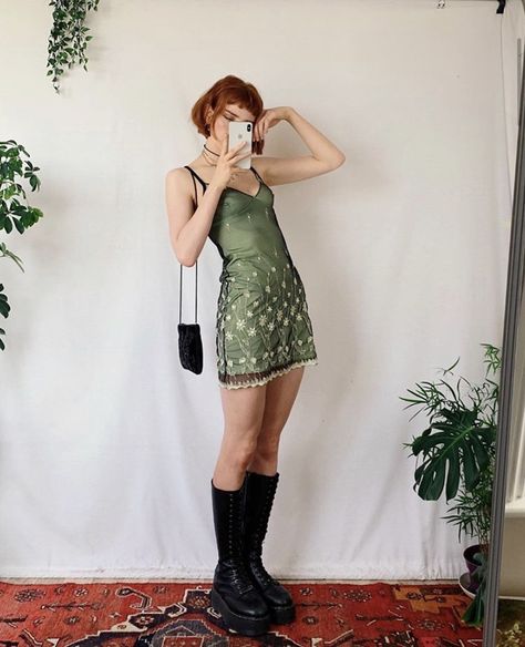 Grunge Midi Dress, Green Outfit Birthday, Alt Cocktail Outfit, Alternative Cocktail Outfit, Green Slip Dress Outfit, 90s Witchy Outfits, Whimsigothic Outfits, Docs Platform, Liberty Mai