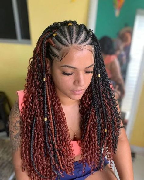 Corn Rows And Braids, Fulani Braids Hairstyles With Color, Braids Hairstyles With Color, Fulani Braids On Natural Hair, Hairstyles With Color, Fulani Braids With Curls, Braids On Natural Hair, Fulani Braids Hairstyles, Curled Hair With Braid