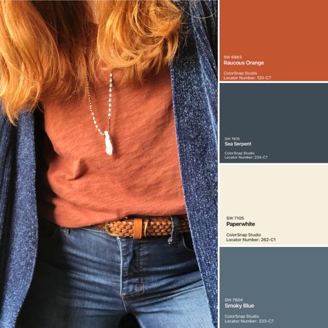 Rust Orange Outfits Color Combos, Rust Tshirt Outfits, Teal Shirt Outfit Women, Rust Shirt Outfit, Color Combos Aesthetic, Rust Color Outfits, Rust Outfit Color Combos, Rust Top Outfit, Teal Shirt Outfit