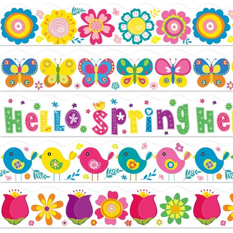 PRICES MAY VARY. You Will Get - 60pcs bulletin border stickers in 5 designs, each design contains 12pcs, sufficient quantity and rich styles can meet your different decoration needs. Hello Spring - Designed with 5 kinds of patterns, and they all take cartoon style, flowers, butterflies, birds, letter HELLO SPRING, all the elements are cute and full of spring time atmosphere, well add a happy feeling to your place. Reliable Material - Made of good material paper, durable and safe, easy to stick a Spring Bulletin Board Ideas For School Free Printables, Spring Border For Bulletin Board, Spring Flowers Bulletin Board, Butterfly Border Design For Project, Spring Butterfly Door Decorations Classroom, Stickers For School, Bulletin Borders, Happy Feeling, Cute Bulletin Boards