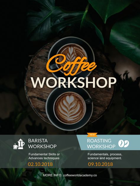 Coffee Workshop Poster Template Visme Workshop Advertisement, Coffee Workshop, Workshop Poster, Coffee Poster Design, Advertisement Poster, Ad Poster, Coffee Poster, Event Poster, Upcoming Events