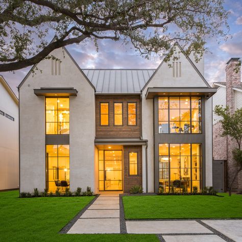 Built by Coats Homes | Dallas, TX Transitional Modern Farmhouse, Gable House, Transitional Exterior, Lake Houses Exterior, Contemporary House Exterior, Cottage Exterior, Transitional House, Home Building Design, Facade Design