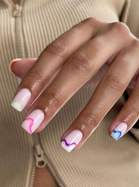 French Nails With Color Line, French Manicure With Color, Abstract French Tip Nails, Unique French Manicure, Coffin French, Nails 2021, Cute Gel Nails, Color Swirl, Angel Hair