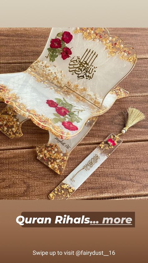 Rehal Quran Resin, Resin Rehal Design, Diy Eid Decorations, Eid Mubarak Gift, Mehndi Designs Bridal Hands, Diy Crochet Bag, Resin Crafts Tutorial, Diy Gift Set, Bouquet Preservation