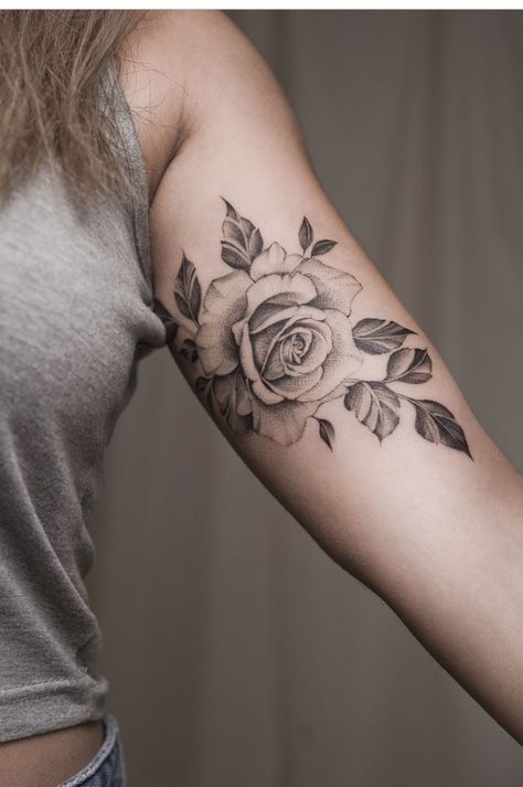 Rose & wildflowers on thigh Rose Tattoo On Bicep, Bicep Rose Tattoo, Rose Tattoo Bicep, Rose Bicep Tattoo, Rose With Leaves Tattoo, Rose Leaves Tattoo, Rose Tattoo Arm, Rose Arm Tattoo, Full Arm Sleeve Tattoo