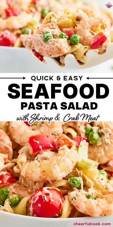 Collage of two closeup images of a Seafood Pasta Salad. Pasta Seafood Salad Recipes, Shrimp And Crab Pasta Salad Cold, Creamy Seafood Pasta Salad, Chicken And Shrimp Pasta Salad, Shrimp Pasta Cold, Sea Food Pasta Salad, Prawn Pasta Salad Cold, Easy Seafood Salad Recipe, Pasta Shrimp Salad Recipes