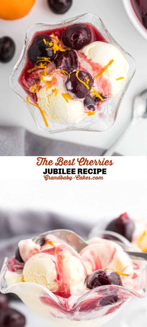 Cherries Jubilee Flambe, Cherry Jubilee Dessert, Cherries Jubilee Recipe, Work Desserts, Creamy Food, Creamy Vanilla Ice Cream, Cherry Jubilee, Summer Fruit Recipes, Grandbaby Cakes