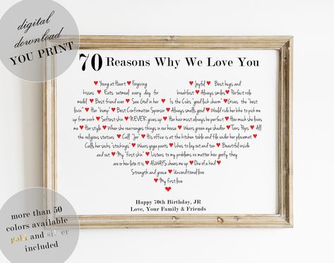 Reasons Why I Love You, Why I Love You, 80th Birthday Gifts, 70th Birthday Gifts, Personalized Gifts For Mom, Spelling And Grammar, Diy Printable, 80th Birthday, Red Hearts