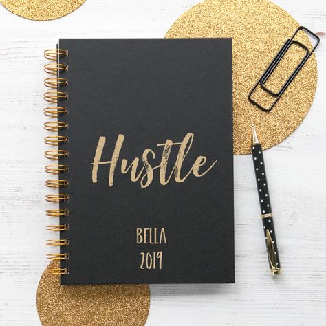 Personalised 'Hustle' Weekly Diary Leather Journal Cover Design, Black Agenda Cover With Gold Rings, Weekly Diary, Note Pen, Custom Guest Book, Diary Planner, Leather Journal Cover, Personalized Wedding Guest Book, Planner Organiser