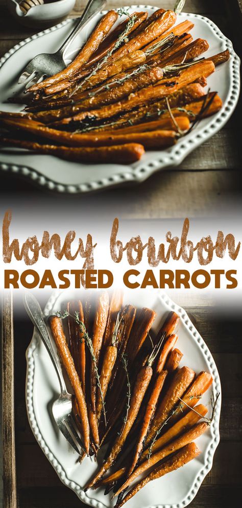 Farm fresh produce is in abundance. Honey Bourbon Roasted Carrots are a delicious and rich seasonal side to compliment your main dish. With hints of oaky and caramel notes from the bourbon and a sweet honey glaze, these carrots taste almost like a dessert instead of vegetable. #honey #bourbon #roasted #carrots Glazed Roasted Carrots, Honey Glazed Roasted Carrots, Carrots In Oven, Honey Carrots, Roast Chicken Dinner, Honey Bourbon, Honey Glazed Carrots, Baked Carrots, Roasted Vegetable Recipes