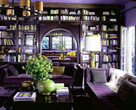 Purple library... Oh yeah!! Deco Violet, Home Library Design Ideas, Cozy Home Library, Roman And Williams, Ben Stiller, An Open Book, Smart Tiles, Cozy Home Office, Home Library Design