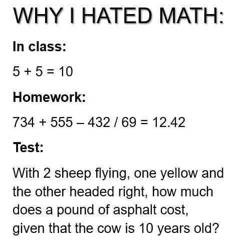 Exactly!In college I had basically the same math class twice. Just different names and different teachers.The first class the instructor only taught what was in the book.No other tips or explanation. I got a C.The next class had a great teacher. If you just couldn't get it this way she'd explain it that way She might even come up with a 3rd way to solve the problem,I got a A in that class.#funny #humor Exam Wishes, Hate Math, I Hate Math, Math Posters, I Hate School, Math Jokes, School Jokes, Text Jokes, School Memes