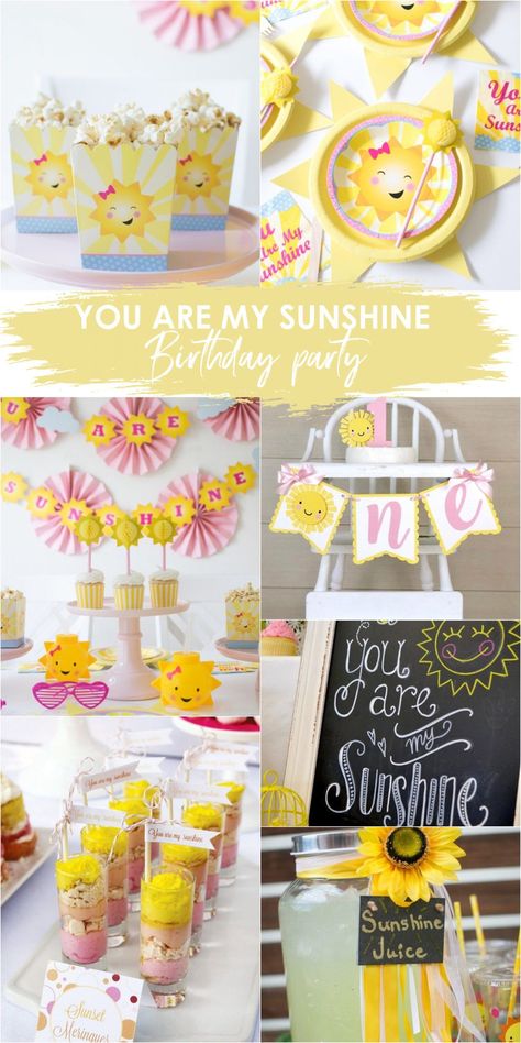 First Birthday You Are My Sunshine, Sunshine Theme 1st Birthday Party, Rainbow Sunshine Birthday Party, Luout Party Decorations, You Are My Sunshine Birthday Party Girl, You’re My Sunshine Birthday, 1st Birthday Party Themes Summer, You Are My Sunshine Party Ideas, Sunshine Party Food Ideas