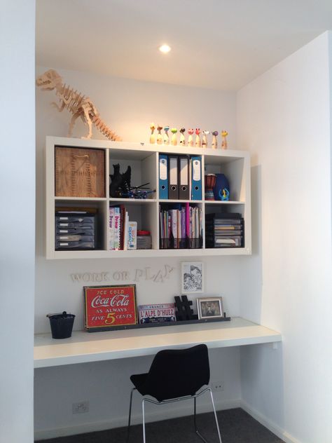 Study Desk For Boys, Floating Cubby Shelves, Bookshelf In Bedroom, Kids Study Room Ideas, Alcove Desk, Shelves And Desk, Bookshelves For Small Spaces, Hanging Bookshelves, Desk Nook