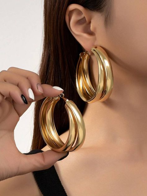 Fashionable Exaggerated High-Gloss Earrings | SHEIN USA Luxury Shiny Hoop Earrings, Cute Shein Earings, Elegant Luxury Tarnish-resistant Hoop Earrings, Cheap Elegant Gold-tone Hoop Earrings, Shein Gold Hoop Earrings, Earrings Shein, Elegant Outfits, Birthday Inspo, Gold Collar