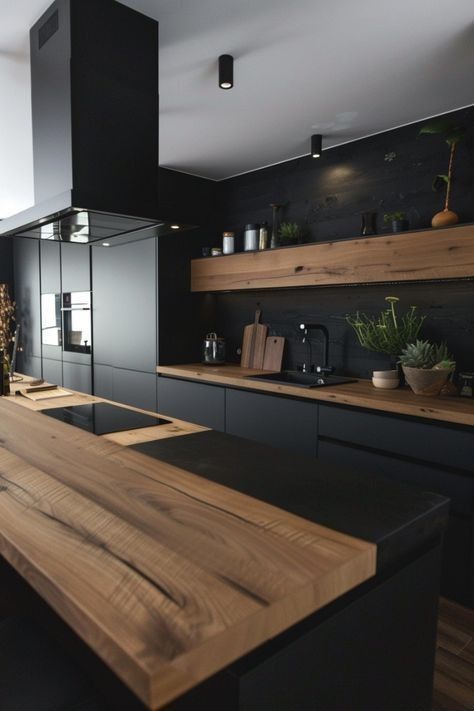 Black And Wood Kitchen, Small Modern Kitchen Design, Small Modern Kitchen, Kitchen Design Modern, Transitional House, Modern Kitchen Design Luxury, Kitchen Inspiration Design, Kitchen Wallpaper, Stylish Kitchen