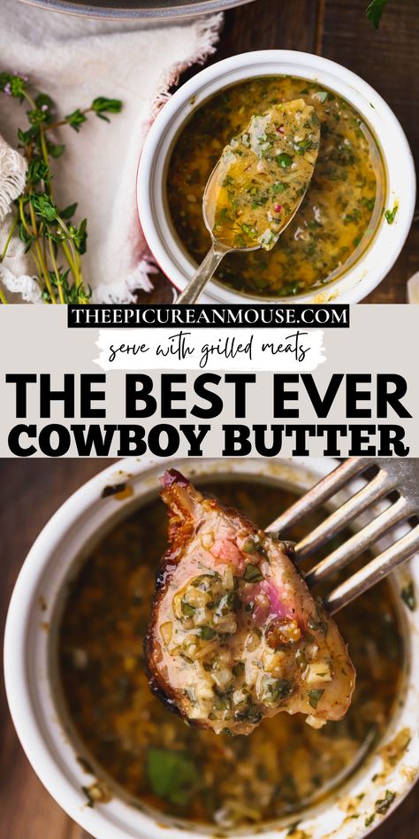 If you are looking for a dynamite steak dipping sauce, then you need to try my cowboy butter recipe. This garlic infused butter is loaded with shallots, lots of fresh herbs, lemon juice, dijon mustard and Worcestershire sauce. Cowboy Garlic Butter Sauce, Cowboy Steak Sauce Recipe, Steak Sandwich Dipping Sauce, Stake Butter Sauce, Steak And Shallots, Herb Sauce For Steak, Butter Dipping Sauce For Steak, Garlic Butter Dipping Sauce For Steak, Burblonc Sauce Recipe