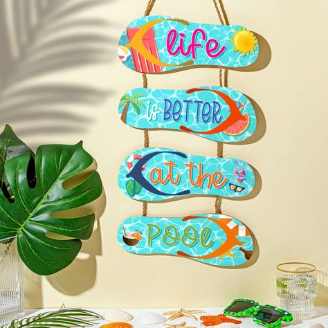 PRICES MAY VARY. What You Receive: you will receive 4 pieces of wooden flip flop wall decors strung together as a whole for displaying, the whole size is about 22 x 10 inches/ 55 x 25 cm, and each single flip flop decor is about 10 x 4 inches/ 25 x 10 cm with a thickness of 0.2 inches/ 0.5 cm, noticeable size for you to decorate your home Flip Flop Design: the swimming pool decorations outdoor is designed with the shape of flip flops, printed with rich summer elements, such as sun, watermelon, s Pool Decorations, Rich Summer, Swimming Pool Decorations, Summer Elements, Flip Flop Craft, Theme Bathroom, Decorating Flip Flops, Summer Decorations, Pool Signs