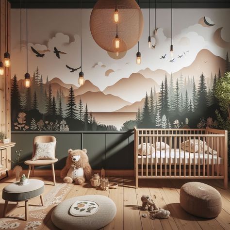 Mountain Forest Nursery, Forest Nursery Ideas, Forest Baby Room, Baby Boy Nursery Room Design, Forest Baby Rooms, Forest Kids Room, Newborn Baby Room, Mountain Nursery Wall, Nursery Forest