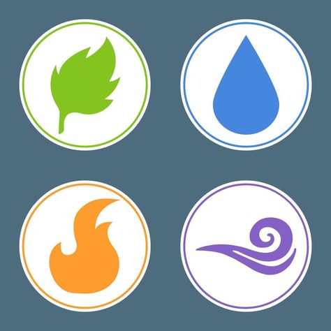 cuatro elementos fuego, agua, tierra, aire. pegatinas de elementos de la naturaleza. ilustración vectorial para su diseño. Fire Water Earth Air, Air Symbol, Air Nature, Sky Chart, Nature Symbols, Fire Vector, Water Icon, Icon Design Inspiration, Element Symbols