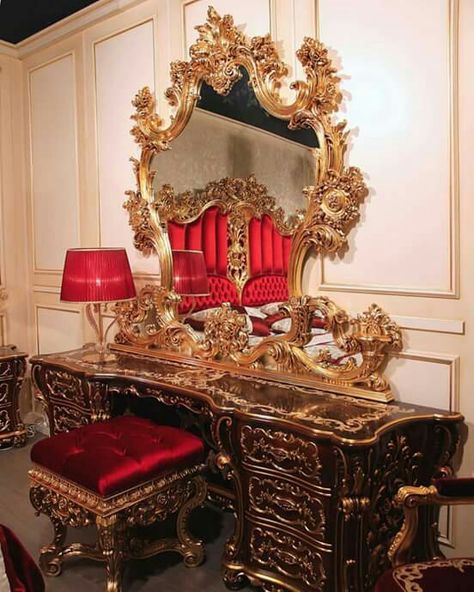 Red And Gold Room, Retro Room Aesthetic, Virgil Sanders, 7 February, Classical Interior, Gold Rooms, Dressing Table Design, Retro Room, Diy Glitter