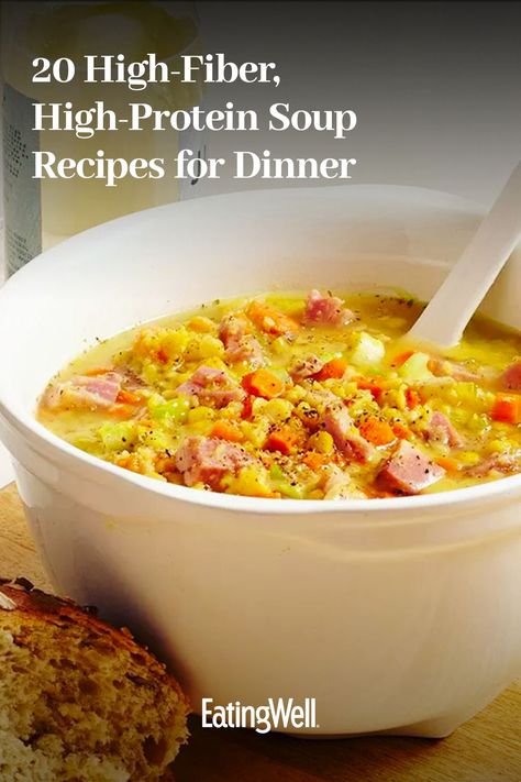 These easy deliciously satisfying soup recipes are packed with fiber and protein to help you stay full for the rest of the night. Recipes like our Slow-Cooker Chicken & White Bean Stew and Red Lentil Soup with Saffron are some of the most delicious and satisfying ways to enjoy a bowl soup at dinnertime. High Fibre Soup, Ibd Soup Recipes, High Fiber Soup Recipes, Soup Recipes For Dinner, Fiber Soup, Protein Soup Recipes, Protein Soup, White Bean Stew, Vegetarian Chili Easy