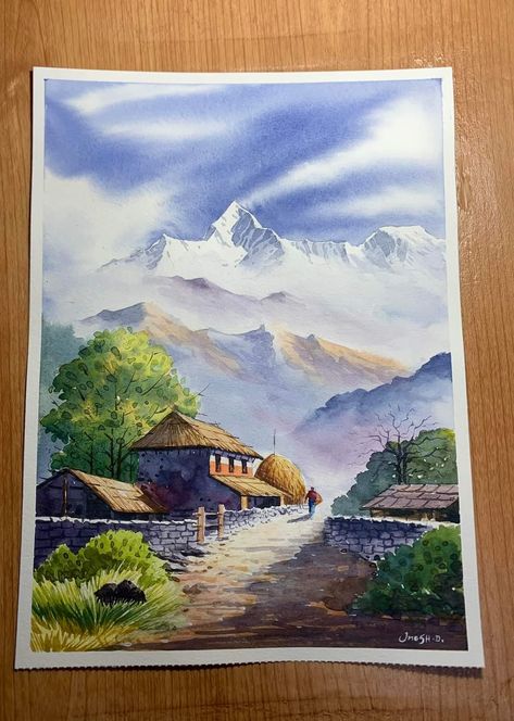 Advance Watercolor Painting, Senery Pic Drawing Watercolor, Watercolour Scenery Painting, Watercolor Scenery Easy, Scenery Painting Watercolor, Nepal Landscape, Watercolour Scenery, Watercolor Scenery Painting, Watercolor Negative Painting