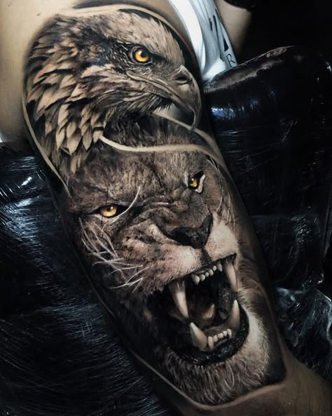 10+ Best Lion and Eagle Tattoo Designs Eagle And Lion Tattoo, Lion Arm Tattoo, Tato 3d, Bald Eagle Tattoos, Lion Forearm Tattoos, Tiger Tattoo Sleeve, Chris Garver, Animal Sleeve Tattoo, Lion Tattoo Sleeves