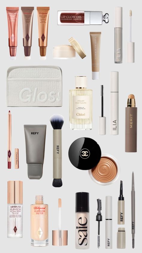 #oldmoney #makeup #charlottetilbury #flawlessfilter #beauty #makeupbag #glossier #ilia #summerfridays #chloe #saie #lauramercier Contour Bronzer, Blush Lipstick, Makeup Bag Essentials, Fancy Makeup, Makeup Needs, Makeup To Buy, Makeup Obsession, Luxury Makeup, Makeup Items