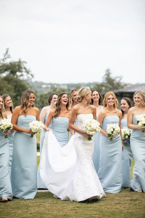 Different Blues Bridal Party, Wedding Light Blue Theme, Neutral Wedding Colors Summer, Light Blue Bridal Party, Light Blue And Navy Wedding, Coastal Wedding Dress, Baby Blue Bridesmaid, Coastal Blues, Light Blue Bridesmaid