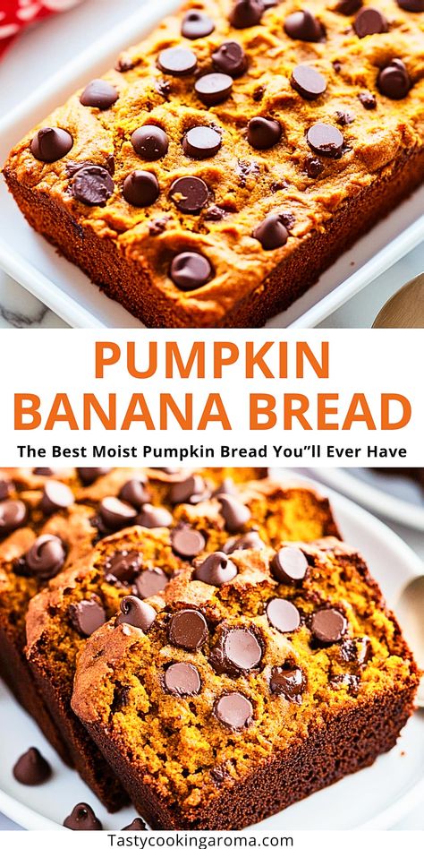 You’ll Love This Pumpkin Banana Bread Recipe: Perfectly Spiced and Super Easy! - Tasty Cooking Aroma Pumpkin Chocolate Chip Banana Bread, Banana Pumpkin Chocolate Chip Bread, Banana Carrot Bread, Pumpkin Banana Bread Recipe, Pumpkin Chip, Pumpkin Banana Bread, Moist Pumpkin Bread, Fall Baking Recipes, Pumpkin Chocolate Chip Bread