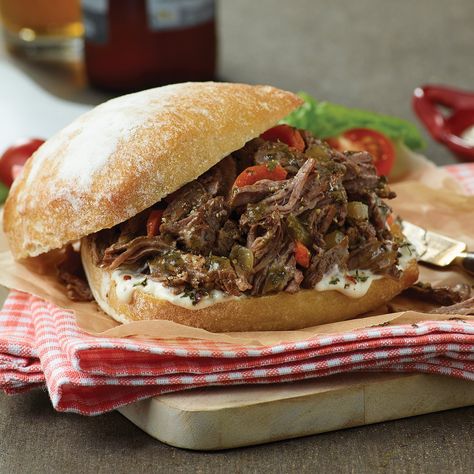 Easy Chicago Style Italian Beef Sandwich Recipe from H-E-B Chicago Beef Sandwich Recipe, Chicago Italian Beef Recipe, Chicago Beef Sandwich, Chicago Style Italian Beef, Chicago Beef, Italian Beef Recipe, Heb Recipes, Chicago Italian Beef, Italian Beef Sandwich