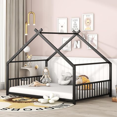 PRICES MAY VARY. 🥇🥇 【Montessori Floor Bed: Cute】Add an amusing touch to your kid’s bedroom with this montessori floor bed frame full size. This full size montessori floor bed is in the shape of a simple house frame. You can decorated the house floor bed frame with ribbons, tent or lanterns on the eaves with your montessori floor bed frame. 🥇🥇 【Heavy Duty Montessori Bed: Sturdy】This full size montessori bed is a great helper for parents. The kids montessori bed features a thickened metal fram House Beds For Kids, Floor Bed Frame, House Frame Bed, Twin Trundle Bed, Low Bed, Metal House, Floor Bed, Unique Beds, Metal Platform Bed