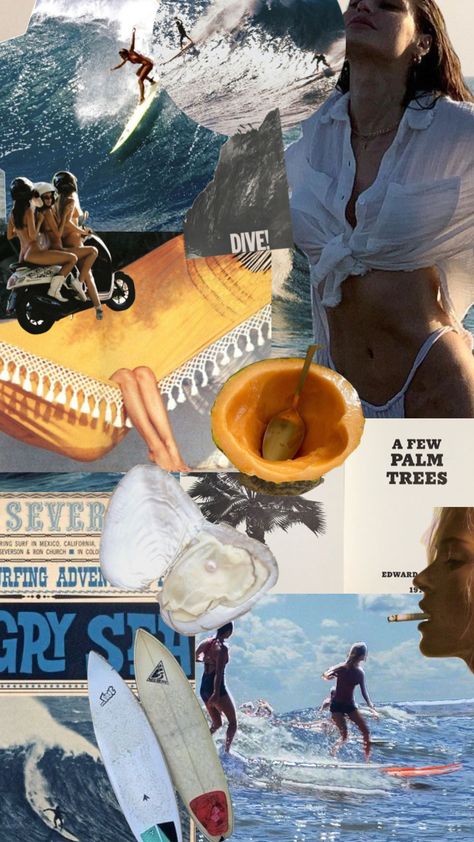 #moodboard #collage #aesthetic #summertime #surfer #surfergirl #beach #coastal Surfer Mood Board, Surfer Collage, Hawaii Magazine, Moodboard Collage, Surfer Magazine, Moodboard Inspo, Vintage Collage, Surfer Girl, Connect With People