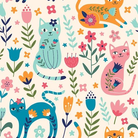 Flowers And Cats, Cats And Flowers, Surface Patterns, Flowers Cute, Wood Painting Art, Floral Cat, Cat Flowers, Painted Chairs, Cats Illustration