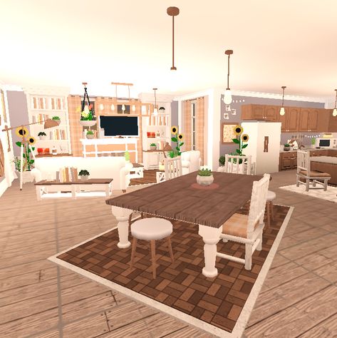 Bloxburg Dinner Table, Blockburg House, Bloxburg Rooms, Bloxburg Building, Roblox House, Decal Codes, Dinner Room, Bloxburg Ideas, Bloxburg Decal Codes