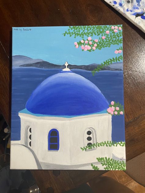 Rock Painting Flowers, Greece Painting, Cute Easy Paintings, Pink Canvas Art, Painting Videos Tutorials, Acrylic Painting Inspiration, Simple Canvas Paintings, Pink Canvas, Easy Art