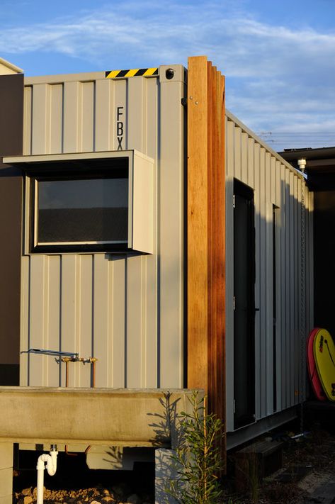 Shipping Container Homes & Buildings: Beach Box Shipping Container Home, Sunshine Coast, QLD, Australia Shipping Container Homes Interior, Container Homes Interior, Skillion Roof, Timber Screens, Shipping Container Home, Shipping Container House, Timber Cladding, Beach Shack, Unique Buildings