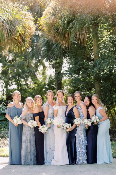 Bridesmaid Dresses Mixed Blues, Navy Blue Mix And Match Bridesmaids, Bridesmaids Wearing Different Colors, January Florida Wedding Guest, Bridesmaid Dresses Different Blues, Mismatched Blue Wedding Party, Mixed Blues Wedding Party, Something Blue Wedding Party, Multicolor Bridesmaid Dresses Spring